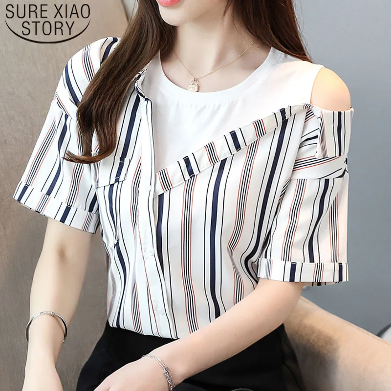 

White Blouse Shirts Women Tops and Blouse Chiffon Blouse Ladies Tops Off Shoulder Top Spliced O-Neck Striped Harajuku 3457 50