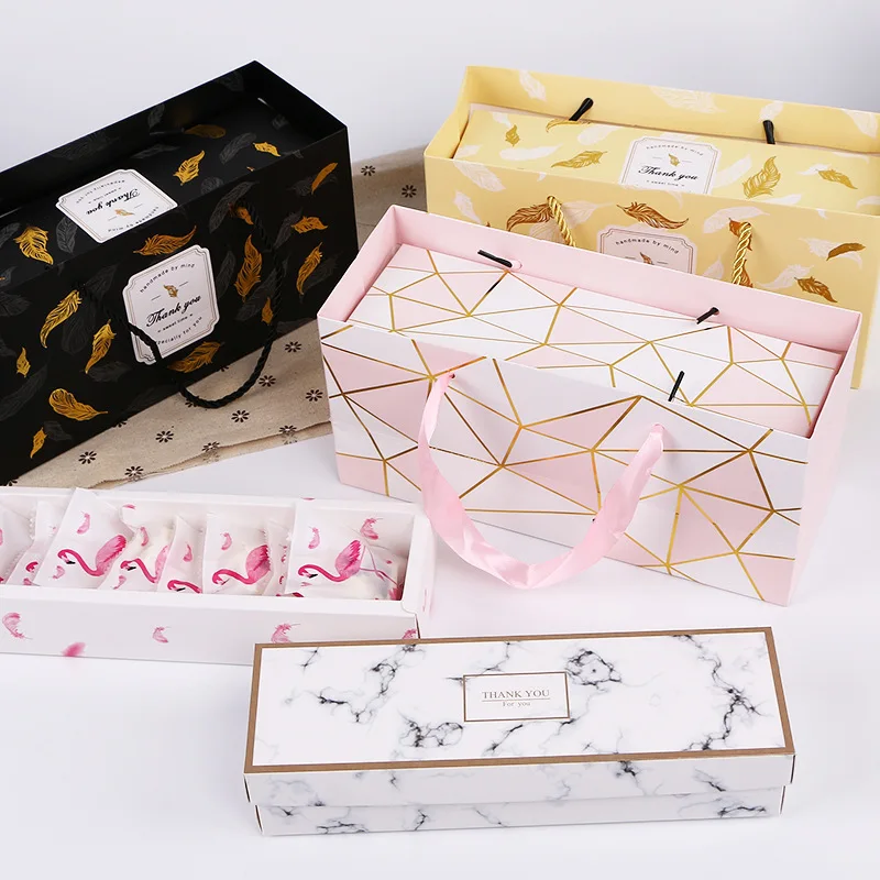 

Creative Flamingo Gift Box Marble Paper Bag Nougat Cookies Tote Bags Wedding Chocolate Cake Packing Paper Boxes Party Supplies