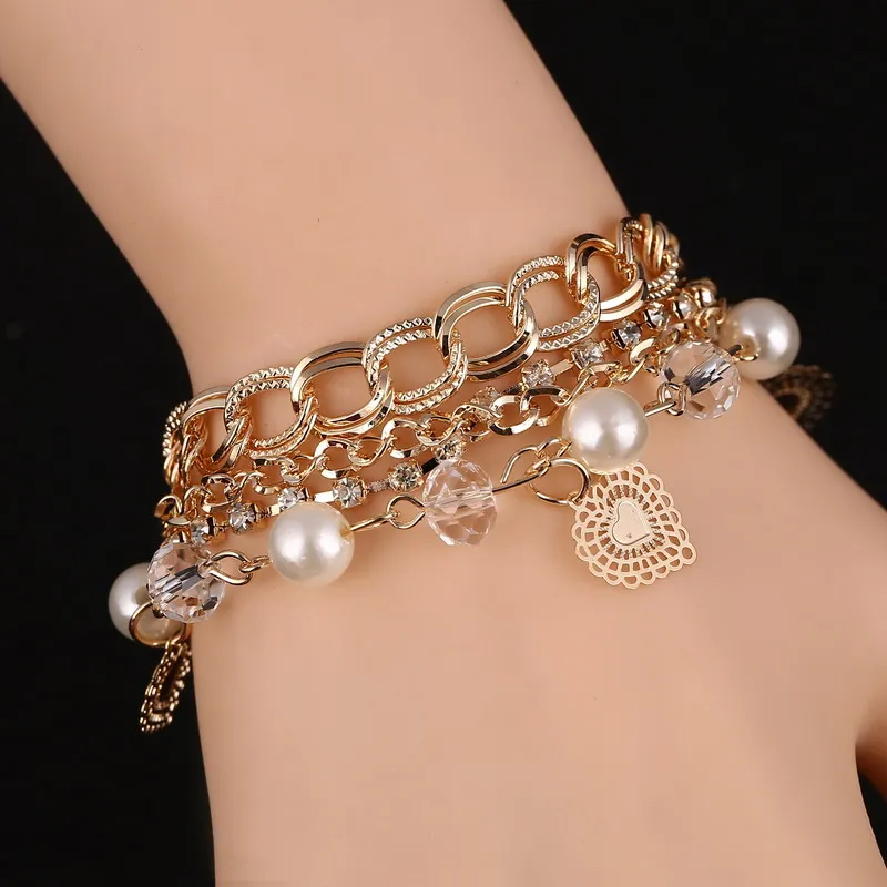 

Handmade jewelry Women/Girl Chain Beads Crystal Bracelet Heart imitation Pearl Pendant Bracelet Multilayer Bracelet