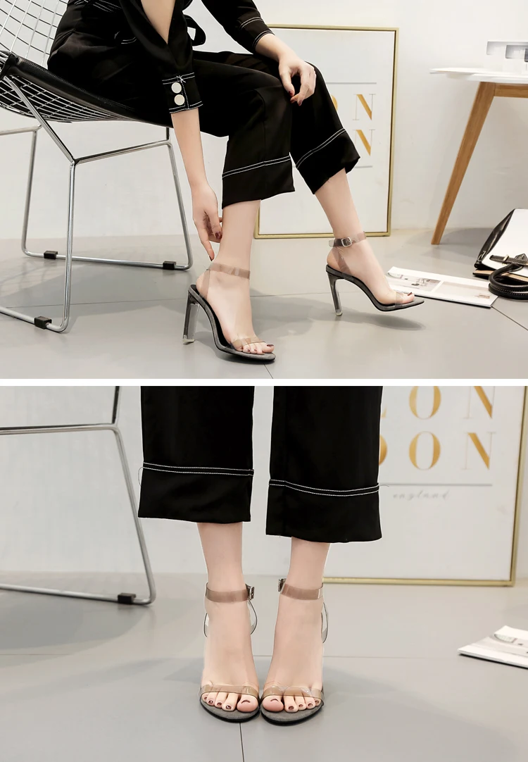 New PVC Women Sandals Ankle Strap Transparent High Heels Clear Crystal Buckle Strap High Quality Shoes size 35-42