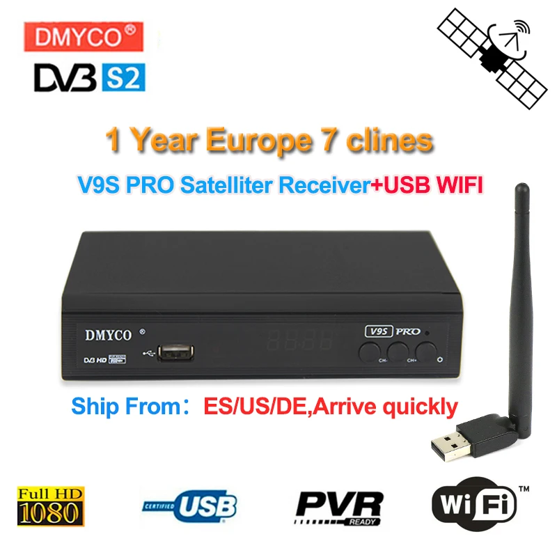 

DMYCO V9S PRO lnb satellite ReceiverFull HD 1080p Italy Spain poland receptor+USB Wifi Antenna with 1 year Europe