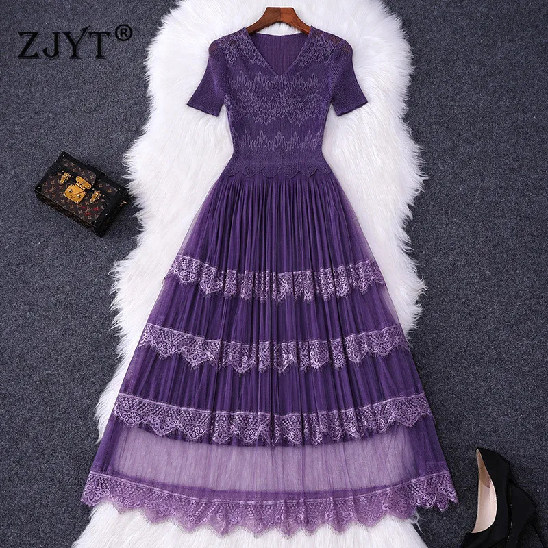 

Runway Designer Women Dress Summer Clothes 2019 Elegant Short Sleeve V Neck Lace Patchwork Mid Calf Pleated Dress Party Casual