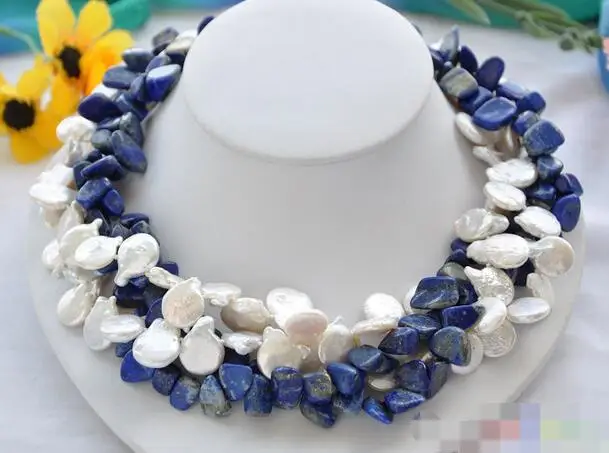 

FREE SHIPPING>@@> 3812 4row white coin freshwater blue lapis lazuli necklace