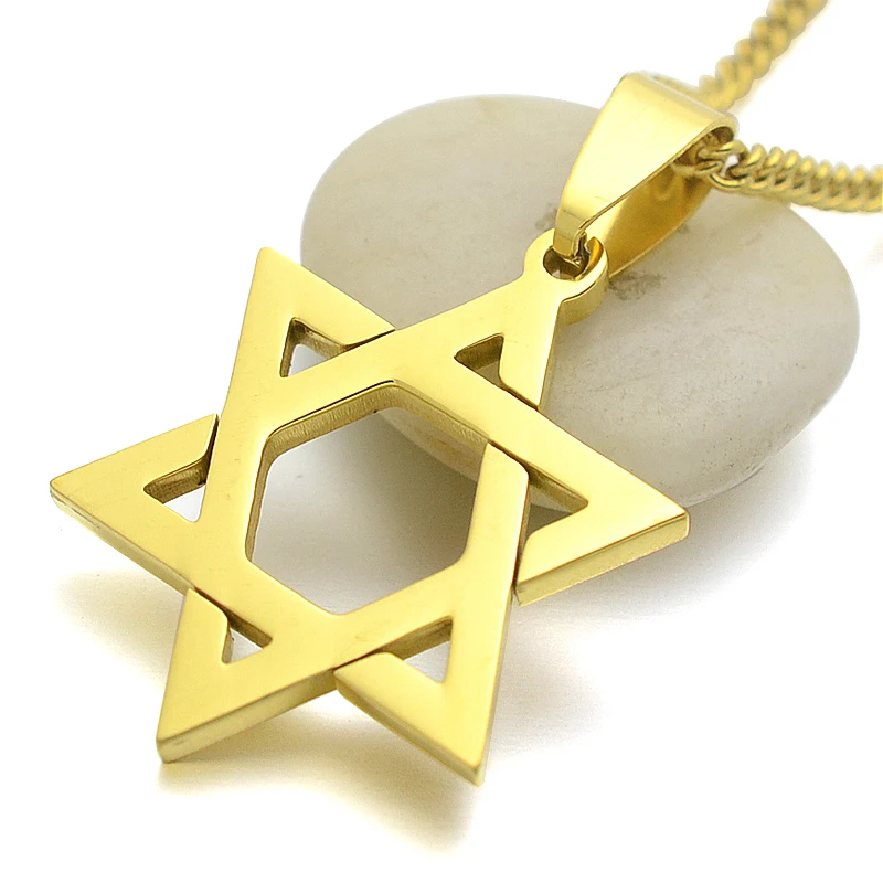 

18KGP Gold Tone Stainless Steel Jewish Star Of David Charm Pendant Necklace 24 inch Curb Chain