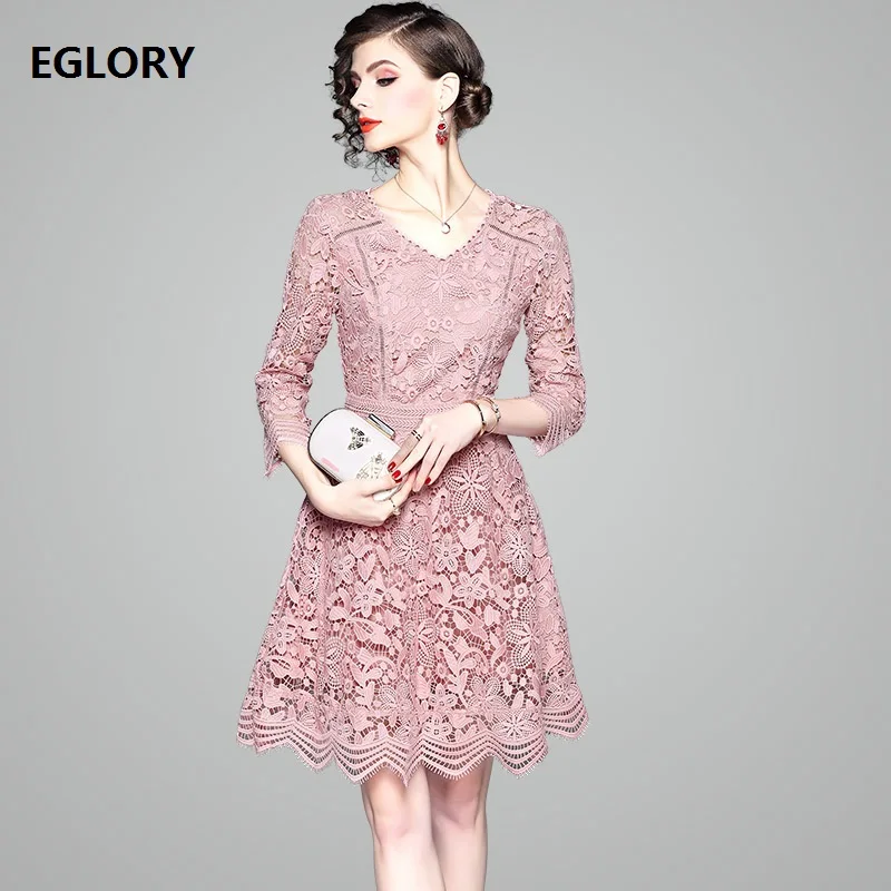 

2019 Fashion Lace Dress High Quality Ladies V-Neck Crochet Lace Vestido Women Slim Fitted Party Hollow Out Dress Pink Green Blue