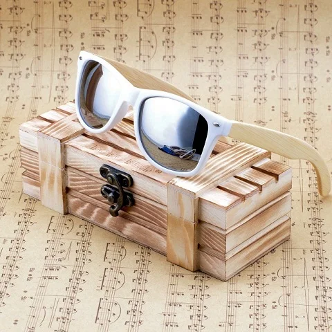 Promotion BOBO BIRD Womens Mens Bamboo Wooden Sunglasses White Frame eyewear With Coating Mirrored UV 400 Lenses in Wooden Box designer sunglasses for women Sunglasses