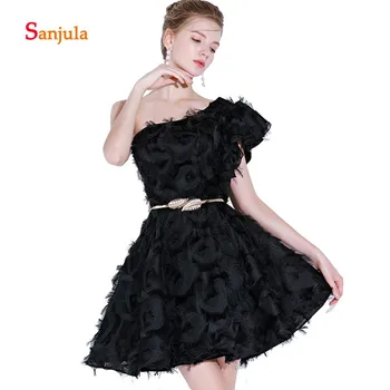

One Shoulder Black Cocktail Dresses Feathers Above Knee Mini Lovely Short Evening Party Dresses White Graduation Dresses D558