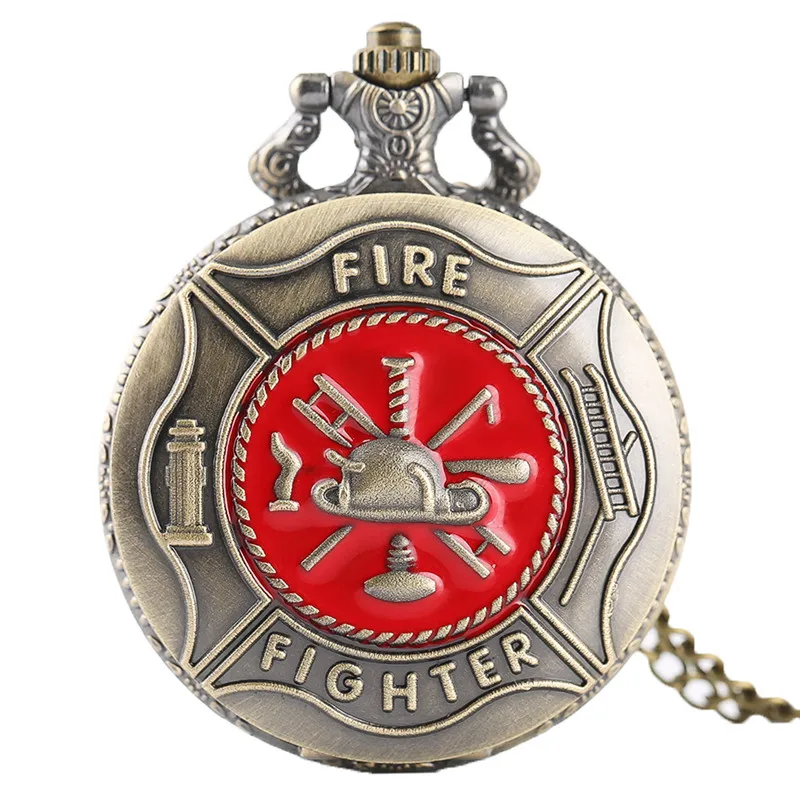 Полный Охотник красный пожарный карманные часы Винтаж Бронзовый стимпанк пожарный кварцевые часы Для мужчин Для женщин кулон подарок