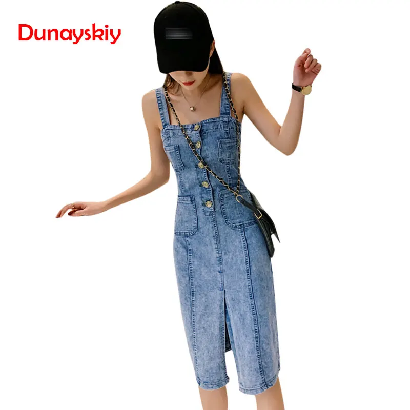 2019 Summer Women Denim Dress Sundress Cotton Overall Dress Jeans Dress with Slit Female Skinny Style Long Dresses