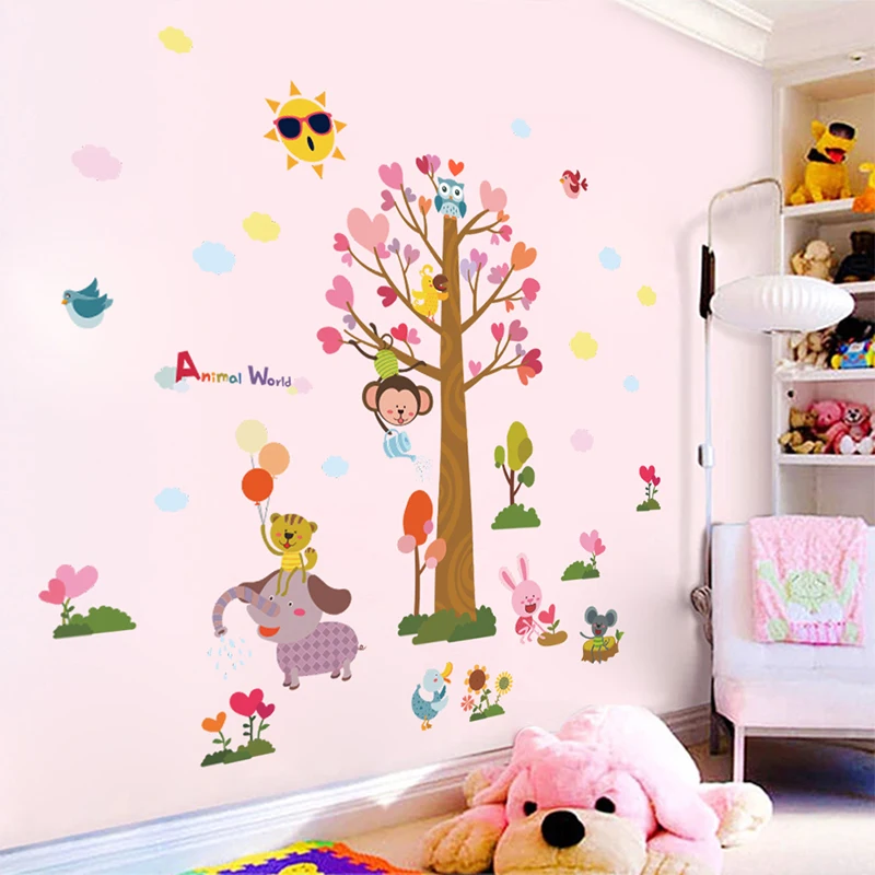 Us 1 18 35 Off Animals Love Heart Tree Wall Stickers For Kids Playroom Bedroom Decorations Safari Mural Diy Home Wall Pvc Decals Children Gifts In