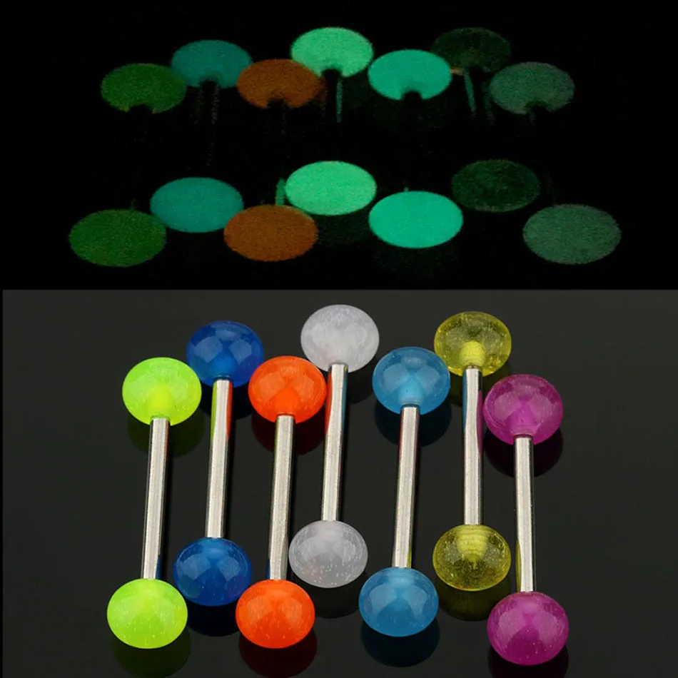

Glow In The Dark 7PCS/Lot Surgical Steel Tongue Rings Mix Color Tongue Barbell Piercing langue Body Jewelry