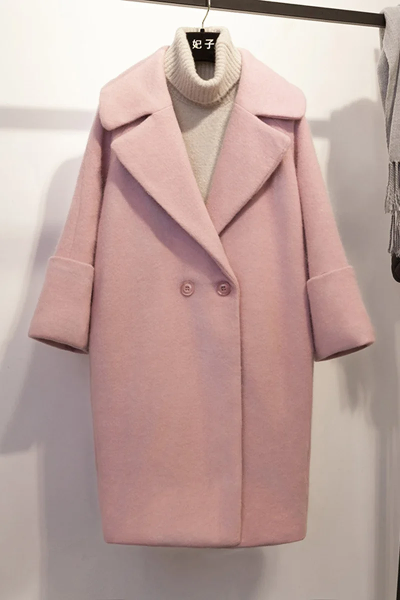 Новое корейское Свободное пальто длинное шерстяное пальто для студентов двубортное розовое шерстяное пальто с отложным воротником