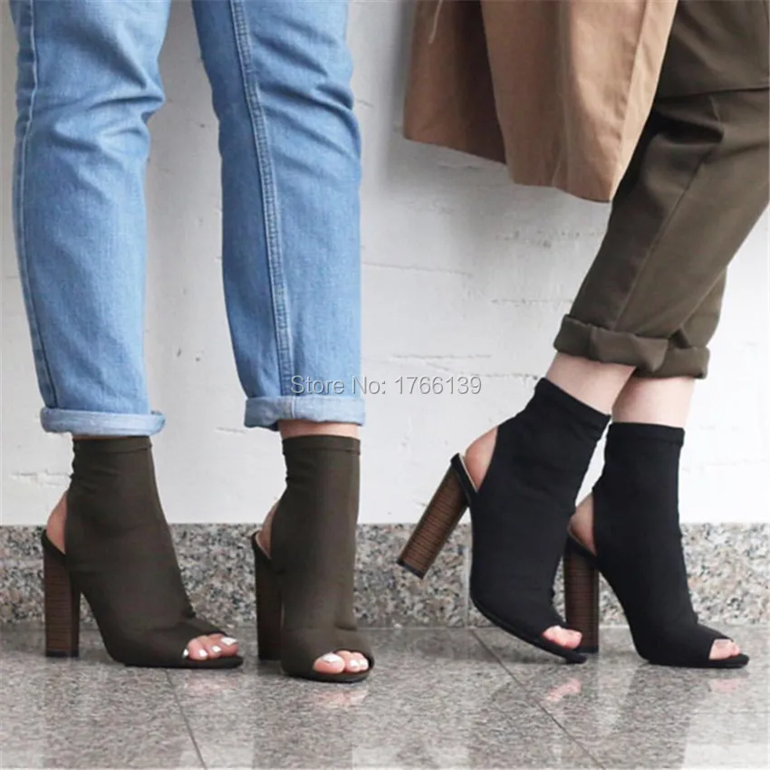 Fashion Slingback Women Stretch Fabric Summer Ankle Boots Peep Toe Slip On High Heels Elastic Sock