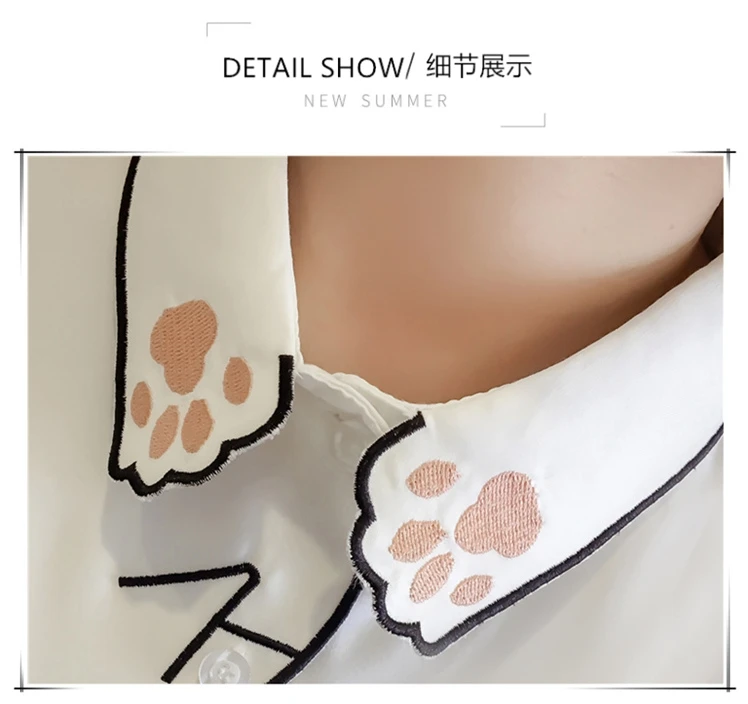  Cute Preppy Style Cartoon Cat Embroidery White Blouse Women Bordered Loose Shirt Tops Long Sleeve A