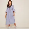 SHEIN летнее платье в полоску с бахромой и рукавами-воланами, Boho, с заниженной талией, свободное женское платье, с круглым вырезом, с вышивкой, макси платья