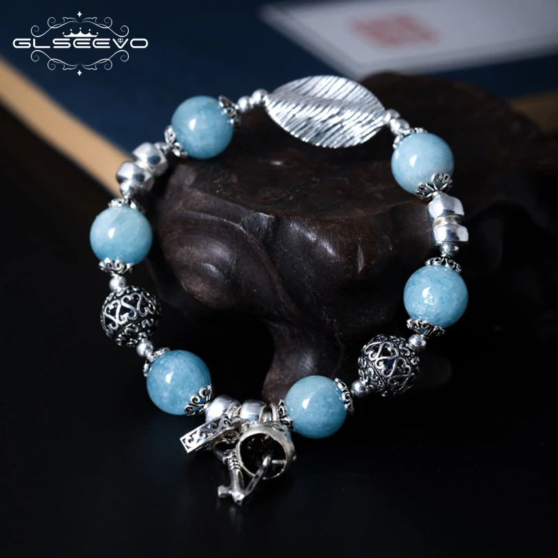 

GLSEEVO 925 Sterling Silver Natural Stone Aquamarine Adjustable Leaf Women's Bracelets With Lucky Cat Luxury Jewelry GB0087
