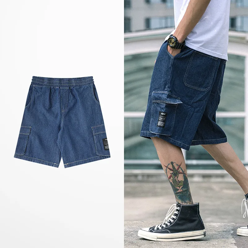 

Tide Brand Fashion Design Multi Pockets Shorts Male Black Blue Denim Shorts Men Retro Skateboard Hip Hop Summer Men Jeans Shorts