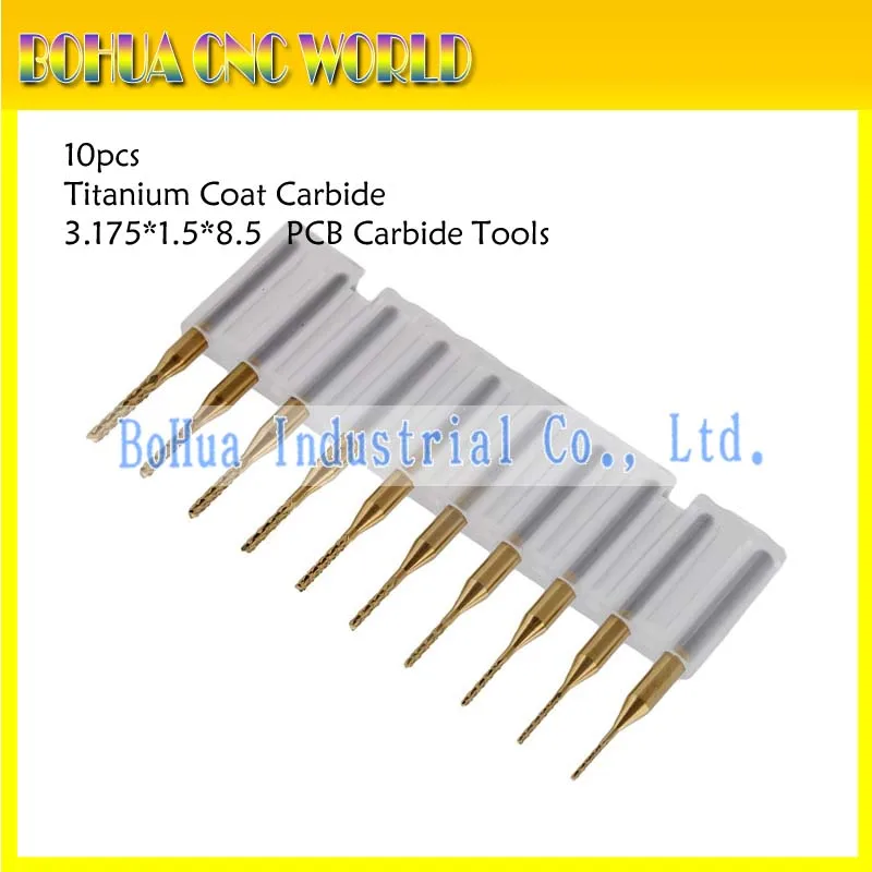 10pcs 3.175*1.5*8.5MM Titanium Coated Down Cut End Mills, Carbide PCB End Milling Cutter