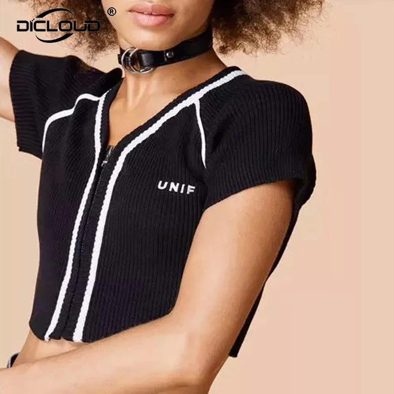 

Harajuku Girls Zipper T Shirt Women 2018 Summer Knitted Unif Crop Tops Brand Short Sleeve T-shirt Femme Vintage Streetwear Tees
