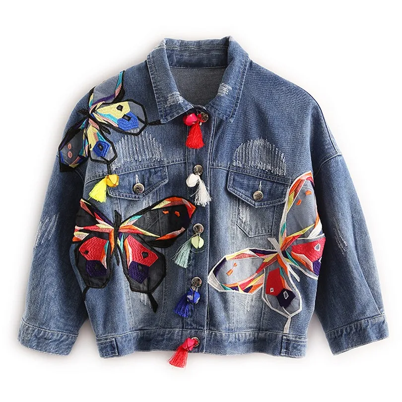 New  Colorful Butterfly Embroidery denim jacket women spring autumn fashion coat female jacket Tassel Sh