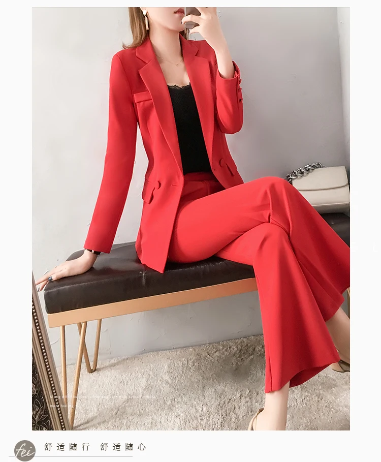 Высокое качество женский классический лацкан красный/черный тонкий костюм корейский Повседневный модный темперамент широкие брюки из двух частей