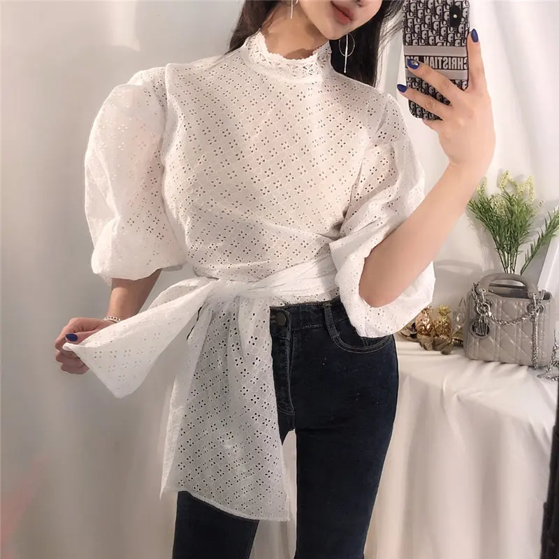 

Alien Kitty 2019 Autumn Chic Light Irregular Sweet Elegant Stand Hollow Out Short Sleeves Lace Up Plum Blouse Shirt 2 Colors