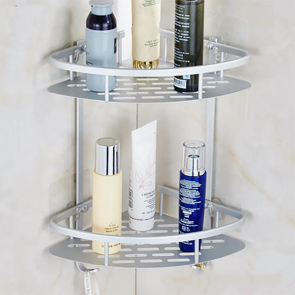 Durable Aluminum 2 Tiers Shower Shelf Suction Corner Shelves Shower