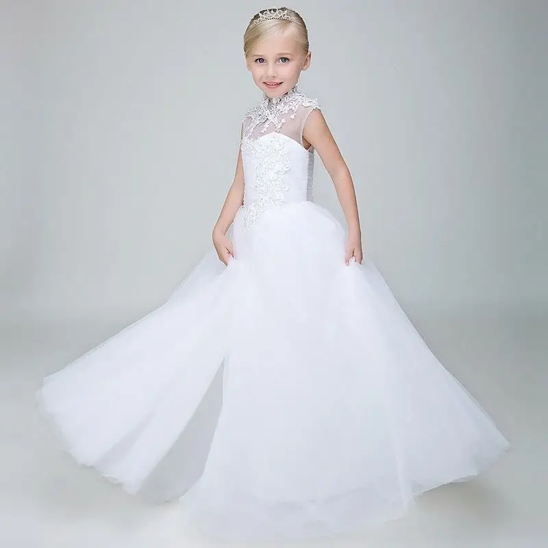 Винтажное платье с цветочным узором для девочек на свадьбу, длинное,, кружевное платье с высоким вырезом для девочек, торжественное платье для первого причастия, белое