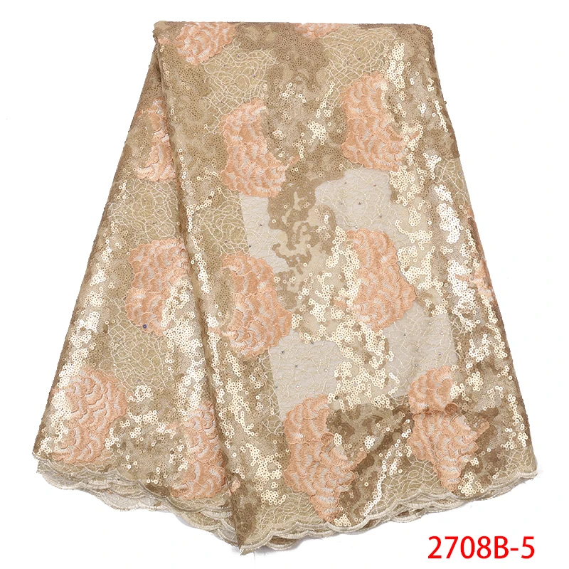 

2019 Lace Fabrics Dubai Embroidered Net Lace Fabric African Tulle Lace Heavy Sequin Fabric QF2708B-5