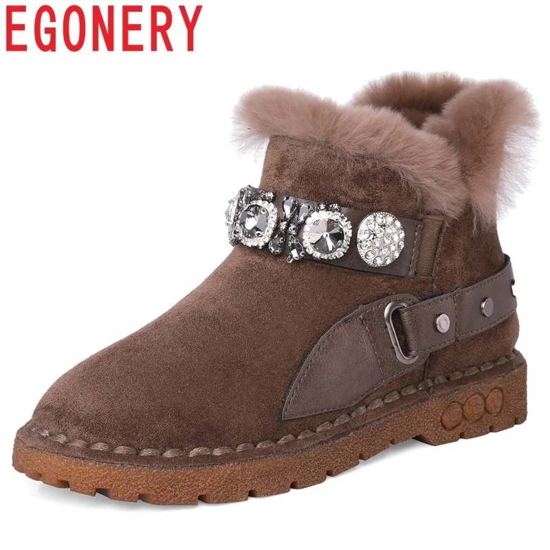 

EGONERY women shoes 2018 winter new fashion crystal decoration snow boots low square heel platform round toe flock ankle boots