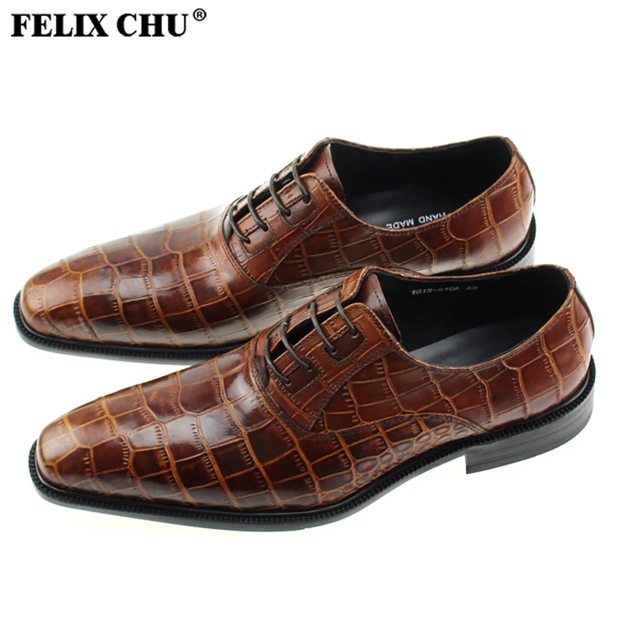 FELIX CHU Italian Modern Mens Formal Oxfords Brogue Genuine Calf Leather Crocodile Print Brown Black Dress