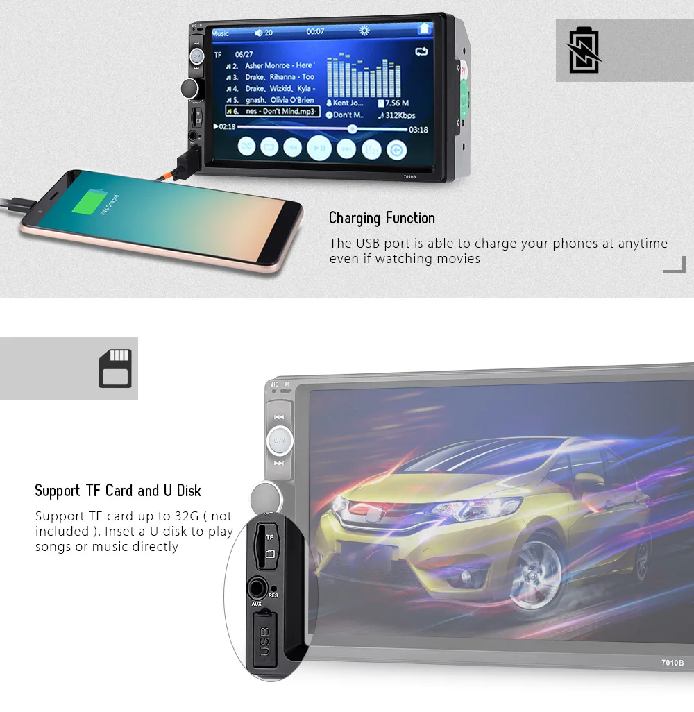 2 Din универсальный 7010B 7 дюймов Bluetooth FM радио Автомобильный MP5 автомобильный радиоприемник проигрыватель сенсорный экран видео Bluetooth Android стерео MP5 плееры