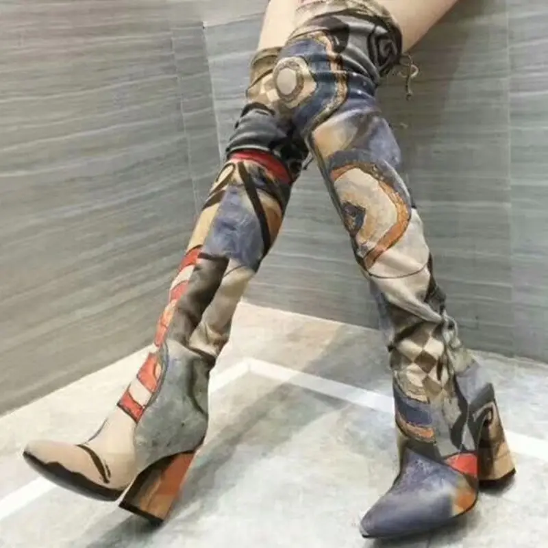 

Graffiti Long Boots For Women High Heel Chunky Stretch Fabric Lady Shoes Over The Knee Boots Women Suede Pointed Toe Women Shoes