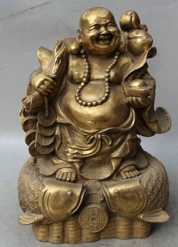 

4516" China Buddhism Brass Happy Laugh Maitreya Buddha Fish Peach Yuan Bao Statue