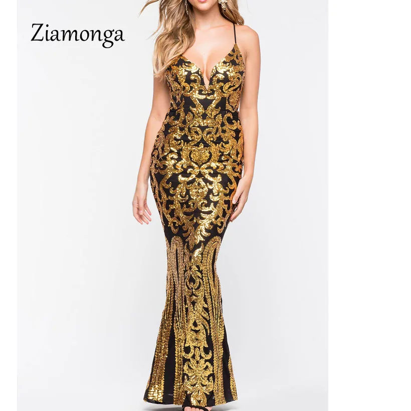 Ziamonga Vestidos сексуальное платье с пайетками пэчворк труба v-образный вырез длинное платье женские платья модное сексуа - Цвет: Gold