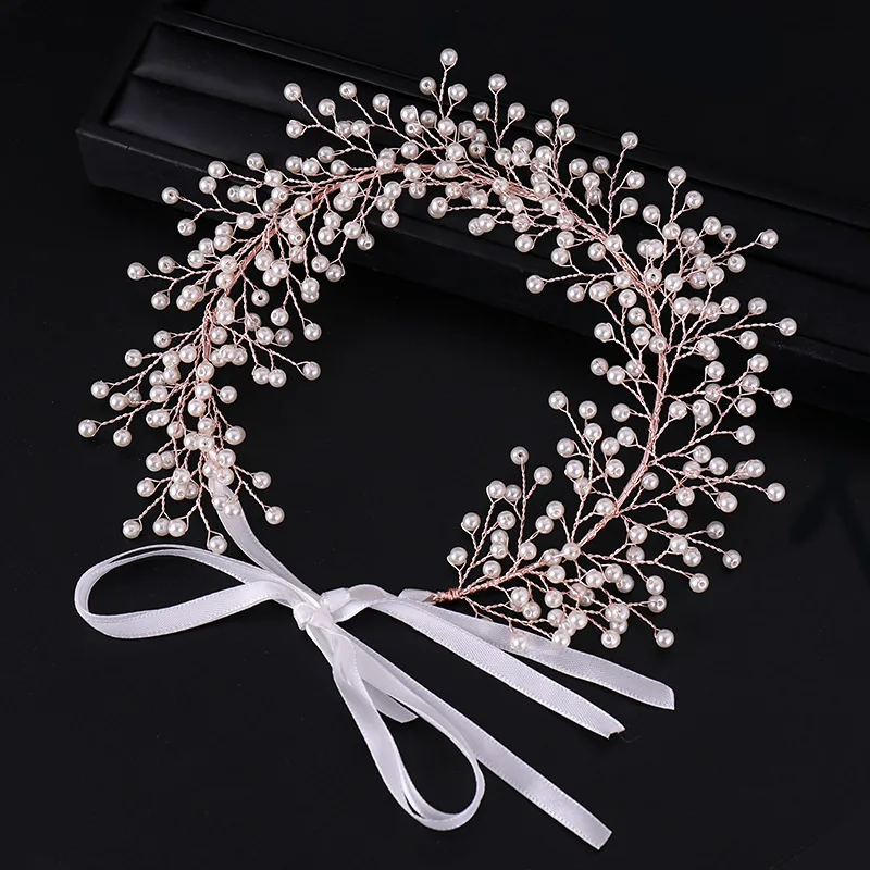 

Handmade Rose Gold Hair Accessories Prom Flower Bridal Headband Pearl And Beads Wedding Head Piece Crystal Women Hairpieces