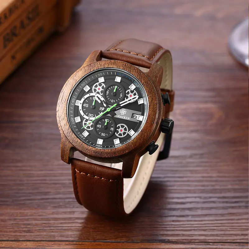 leather wood waterprooof man watch1