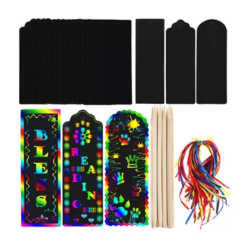 

Party Favor Children's Drawing 75Pcs Bookmarks Creative DIY Scratch Craft Painting Cards hand-painted with Pen Colored Rope Set