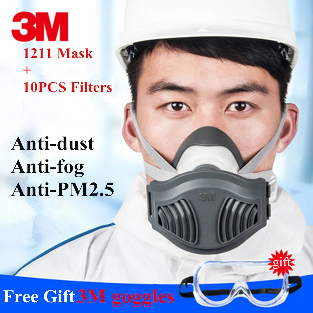 

3M 1211+1621AF Dust Mask Respirator Set KN90 Mask with Goggles Anti-dust gas Anti-fog And Haze PM2.5 Protective Mask Suit