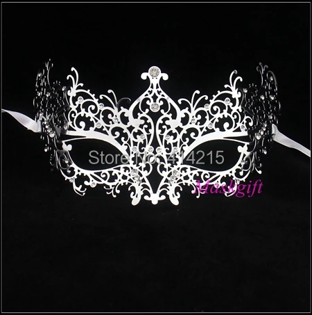Silver Venetian Masquerade Metal Mask with Clear Rhinestones