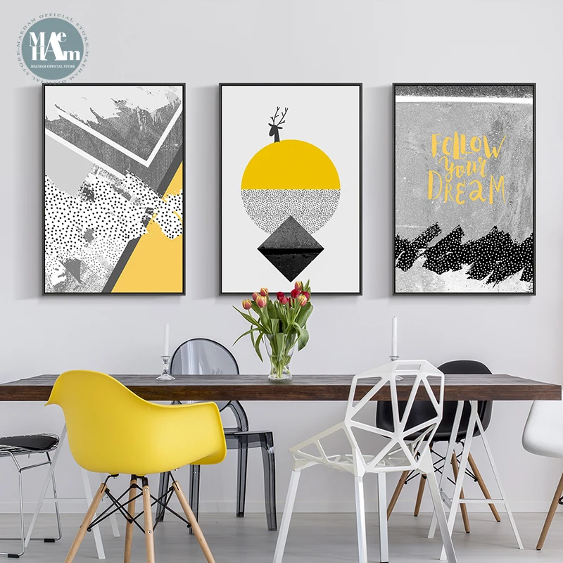 

Nordic Deer Abstract lines wall art Canvas Painting Prints Black White yellow Posters for Living Room Morden contracted Decor