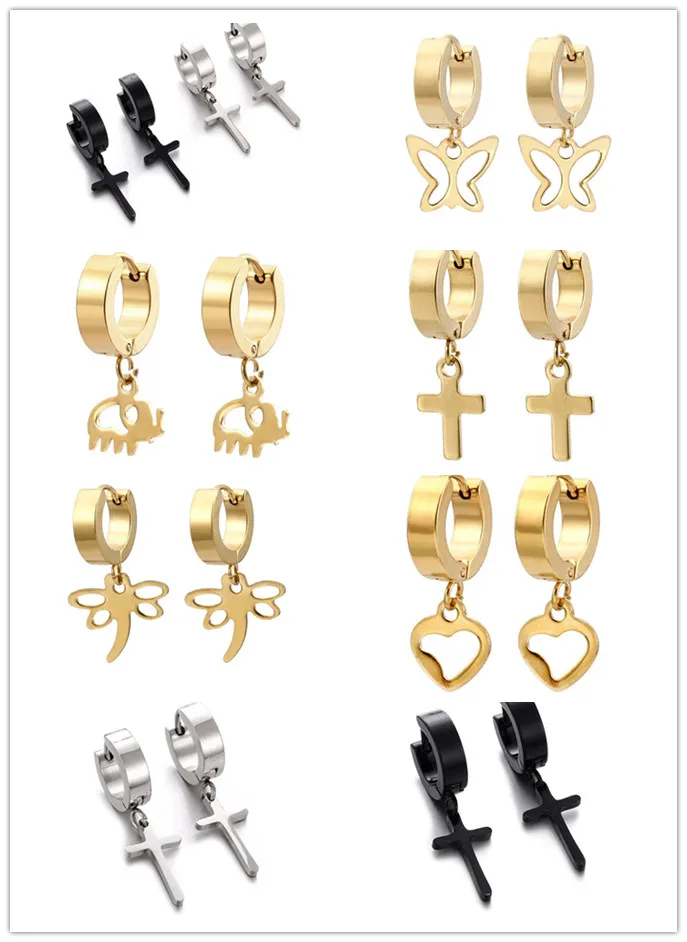 

Titanium Steel Gold Heart Cross piggy butterfly dragonfly Pendant Punk Hoop Piercing Round Dangle Earrings Men Women Jewelry Acc