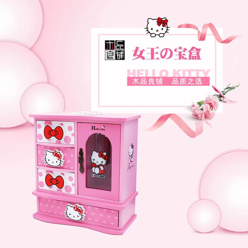 Мультяшная деревянная шкатулка hello kitty, Настольная коробка для хранения ювелирных изделий с музыкой, контейнер для хранения косметики KT, органайзер, контейнеры для хранения бусин