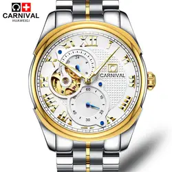 Карнавал мода бизнес автоматические механические часы новый для мужчин часы Полный сталь водостойкий пустотелые наручные часы relogio masculino