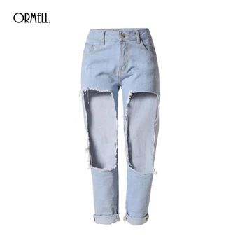 

2016 Women Jeans New Fashion Boyfriend Straight Big Hole Cotton Stretch Bleached Jeans