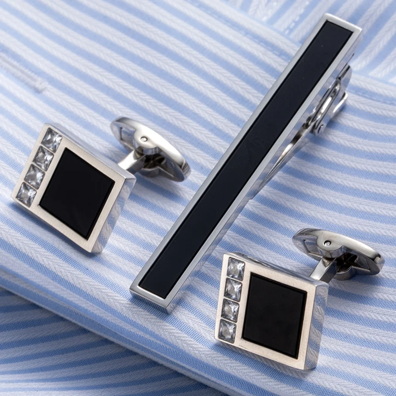

Vagula Fashion Rhinestone&Black Acrylic Cufflink&Tie Clip Set Silver- color Men's necktie clip Set French Shirt Cufflink 22