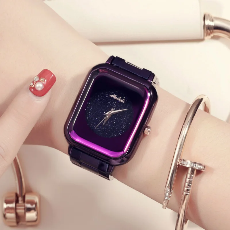 

Simple and Durable Starry Face Square Ladies Watch Stainless Steel Strap Watch Man Watch 2018