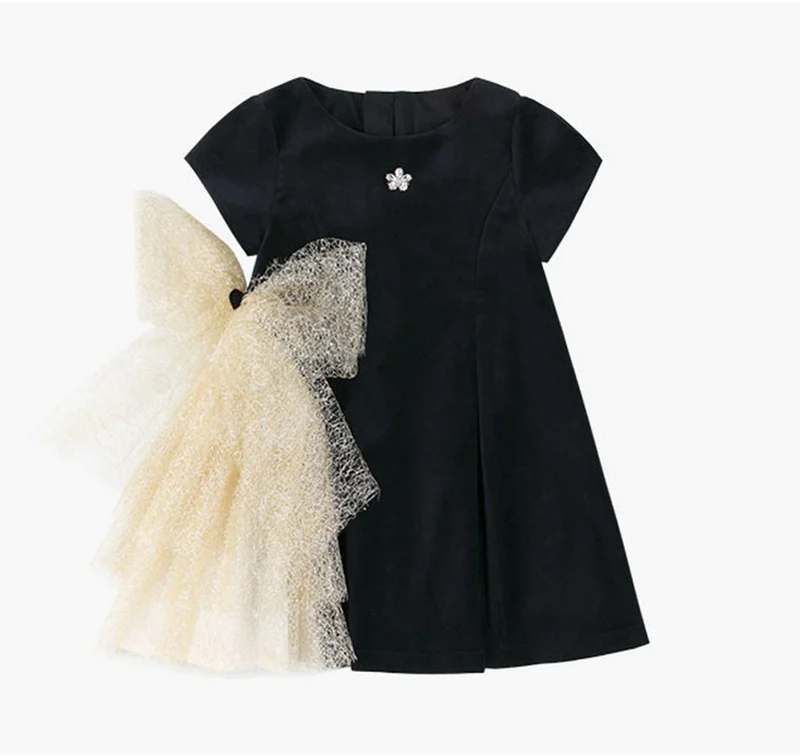 Платье с золотым бантом для девочек; коллекция года; детские черные бархатные платья для девочек; платье принцессы для вечеринки и свадьбы; детские летние платья