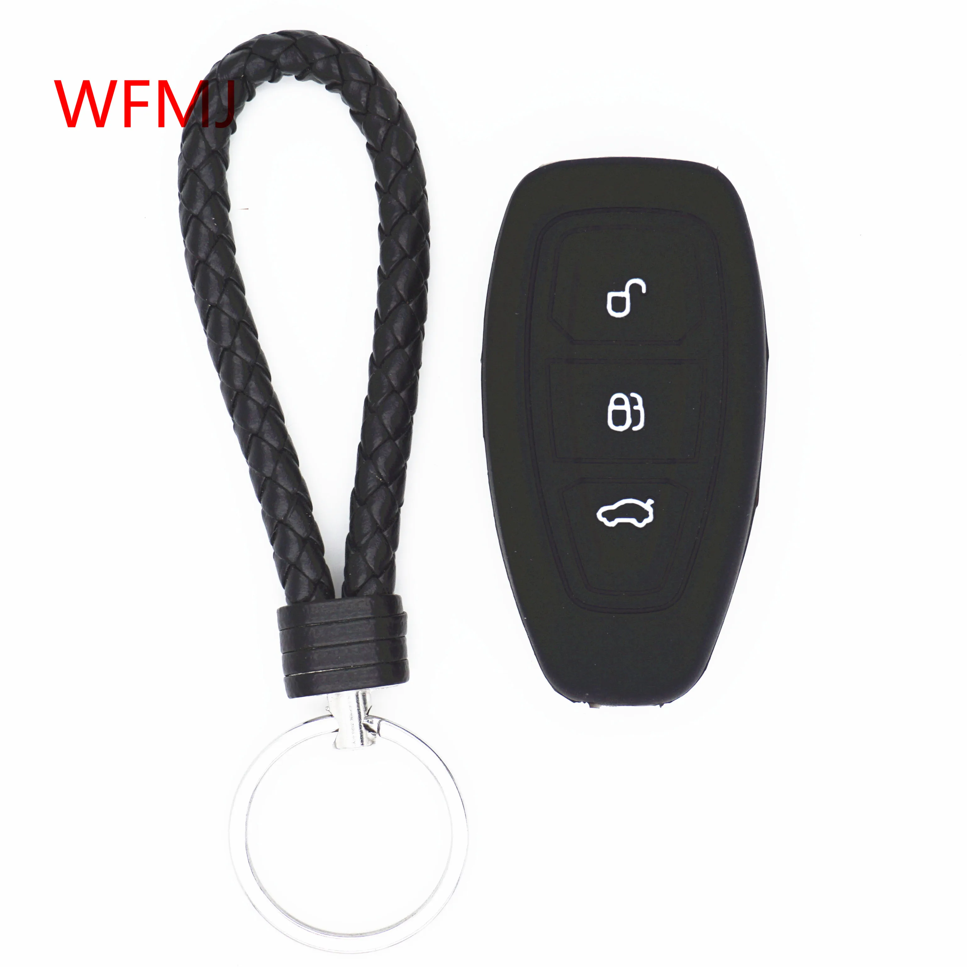 

WFMJ Black Silicone Bag Remote Smart 3 Buttons Key Case Holder Cover Keyring Chain for Ford Focus Mendeo Titanium Ranger Fiesta