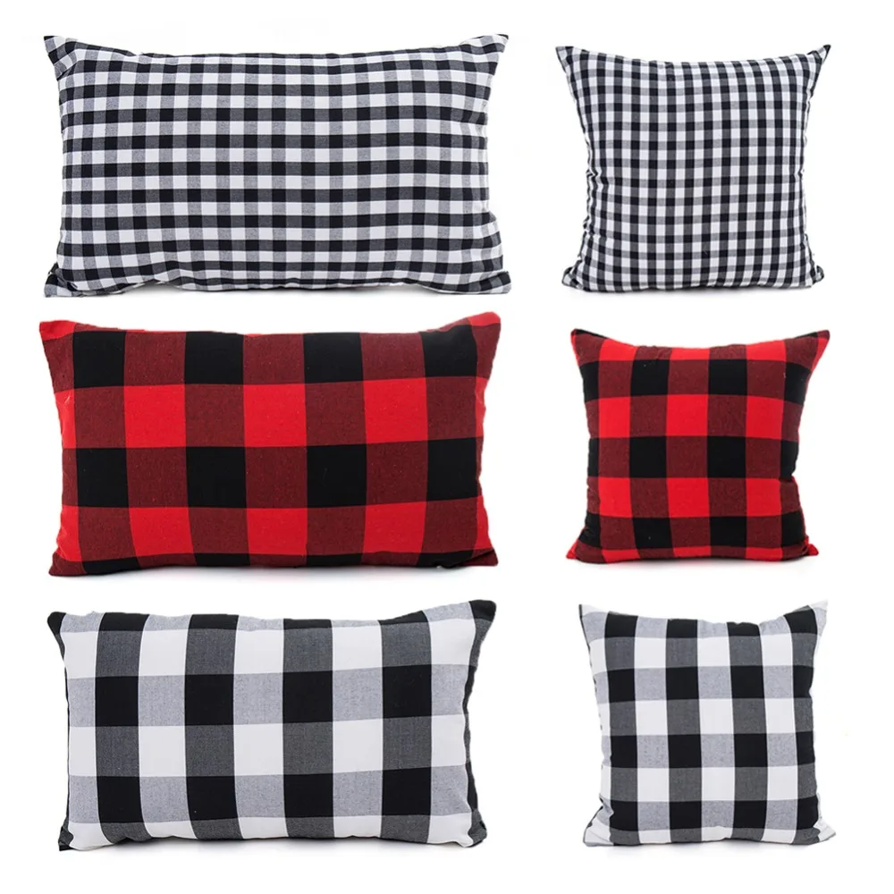 

Red Black Cushion Cover Polyester Cotton Plaid Pillow Cases Square Rectangle Pillow Cover for Sofa Room Home Office Decoration